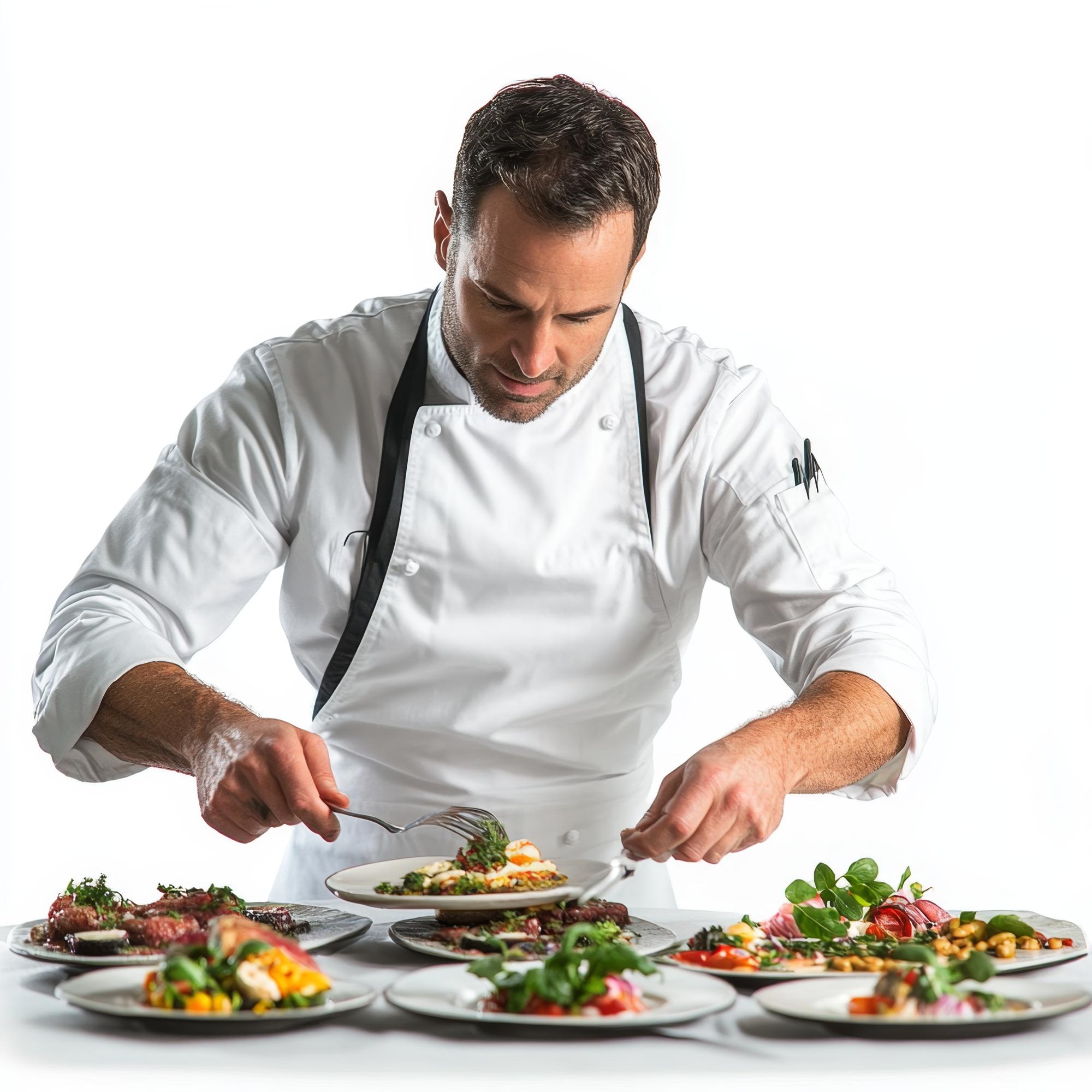 Chef preparing plated gourmet dish in elegant kitchen